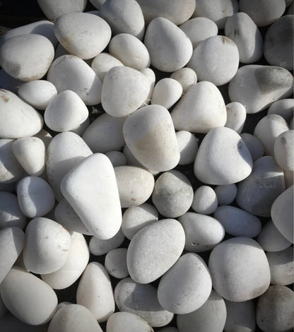 These smooth white stones are perfect for adding a clean, elegant look to any garden, pathway, or water feature. Their bright color provides a stunning contrast to greenery and flowers, making them ideal for both decorative and functional landscaping projects. 
